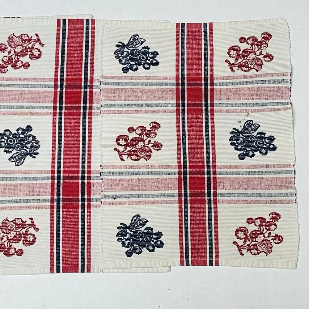 Vintage Placemats Red White Blue Stripes Floral Set of 4 Woven Farmhouse Country